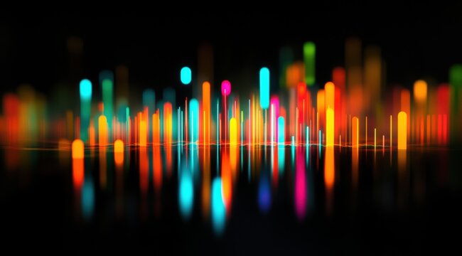 A stock market graph with colorful candlestick charts on black background, blurred motion 