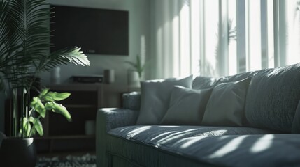 Small apartment living room with a compact gray sofa, simple decor, and natural light.