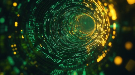 Abstract digital background with green and yellow glowing binary code spiraling towards the center