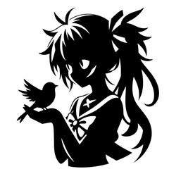 Anime girl holding bird silhouette with ponytail