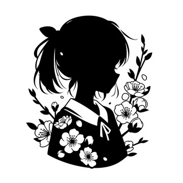 recommend clip art: Anime girl silhouette with flowers and ponytail