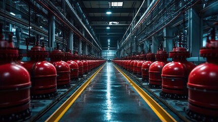 A well-organized material processing plant featuring rows of industrial mixers.
