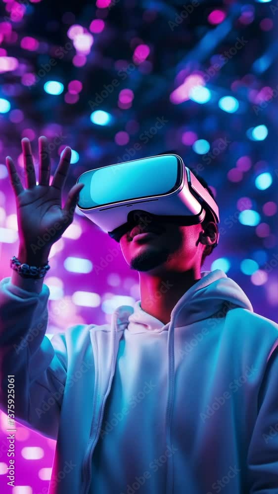 Poster black man explores virtual reality while surrounded by dynamic lighting, experiencing an immersive d