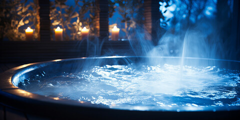 Luxurious Indoor Hot Tub with Steam and Ambient Lighting.