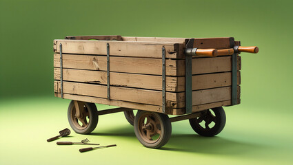 vintage wooden cart, old cart on green background, cart model