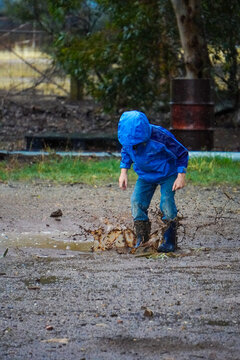 child in blue rain jacket jumping in muddy puddles