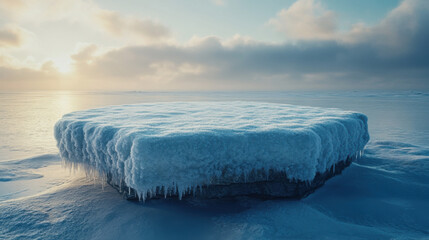 A podium completely covered in snow and frost, standing alone on a frozen plain