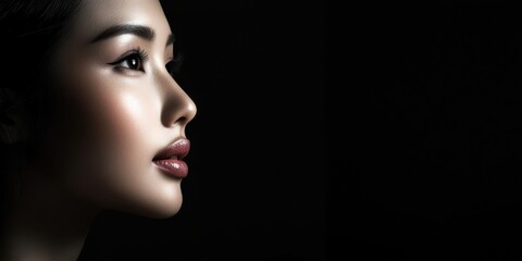 Fototapeta premium Elegant profile of a woman highlighting beauty in soft lighting against a dark background