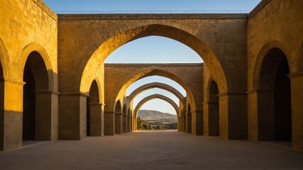 Naklejka premium Endless Arches: A Stone Structure Leading to Distant Mountains Under a Clear Sky, Bathed in Warm Golden Light.