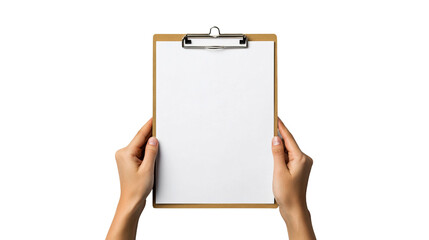 Hands hold clipboard with blank paper, presentation, isolated, cut out transparent