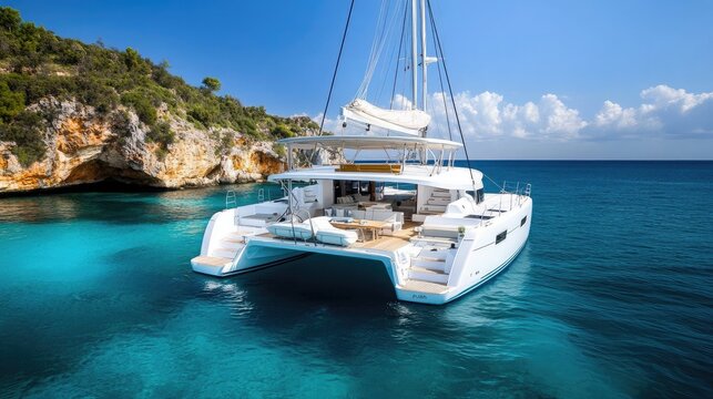 Large catamaran yacht surrounded by tropical islands, clear blue waters beneath.
