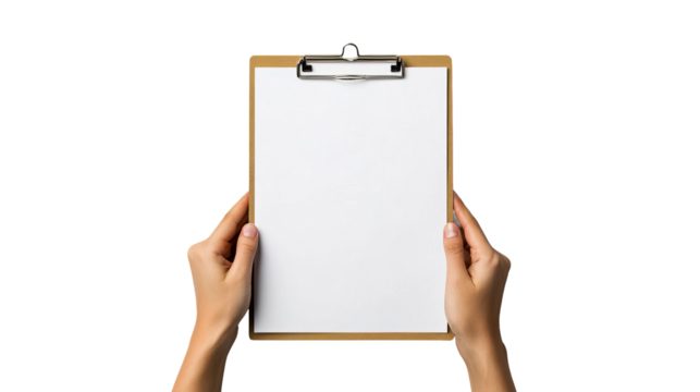 Hands hold clipboard with blank paper, presentation, isolated, cut out transparent