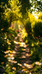 Obraz premium Tranquil Garden Pathway in Morning Light