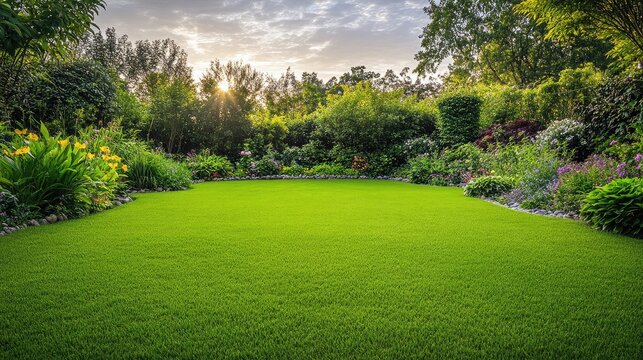 Lush garden lawn with colorful butterflies resting on flowers, gentle and peaceful ambiance.