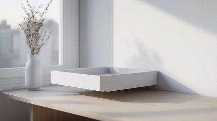 Fototapeta premium Minimalist white storage drawer in a stylish living room, modern and functional furniture design.