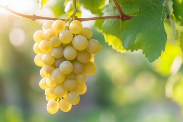 Fresh ripe white grapes hanging on vine in vineyard at sunrise perfect for wine production, healthy food and organic farming promotions