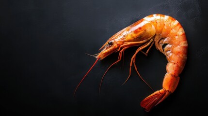 Large cooked shrimp displayed on a dark surface showcasing its vibrant color and intricate details, ideal for culinary presentation