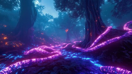 A mystical forest contains glowing trees and radiant flowing energy