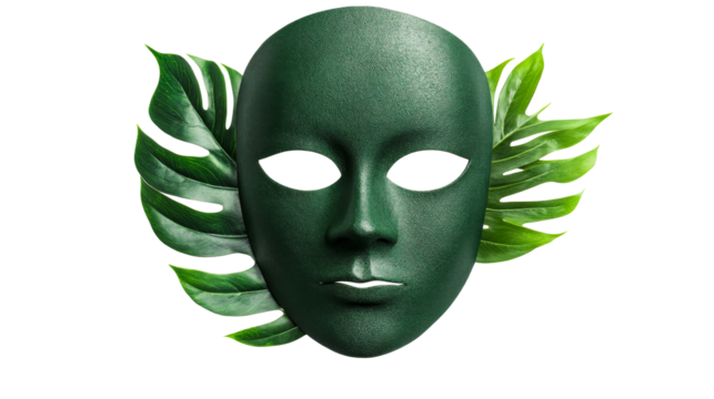 Theatrical green mask and monstera leaf composition, cut out transparent