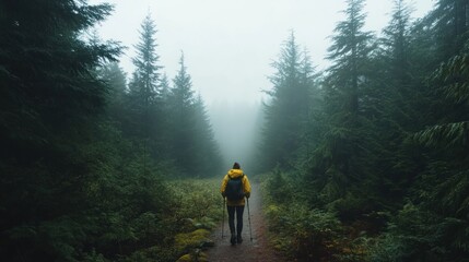 Fototapeta premium Solitary Wanderer: Hiker Embracing the Misty Serenity of a Lush Evergreen Forest