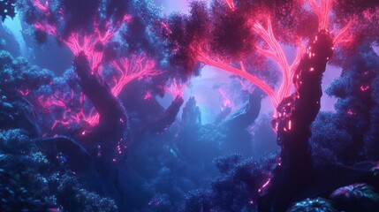 Obraz premium Glowing trees illuminate the mysterious ethereal and colorful forest scenery