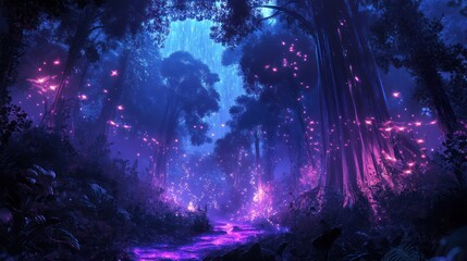 Fototapeta premium A mystical forest scene showcasing luminous plants and a flowing river