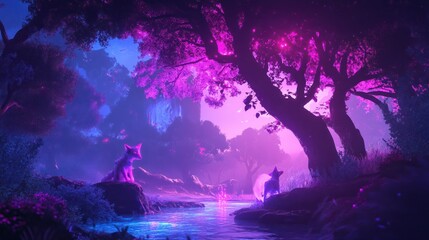 Fototapeta premium Two stylized foxes are placed in a vibrant glowing forest