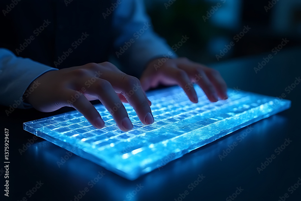 Poster typing on a glowing keyboard modern workspace digital interaction nighttime close-up view technology