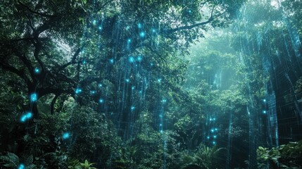 Obraz premium Verdant Rainforest Trees With Futuristic Blue Glow Effects