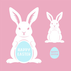 Easter Bunny with egg. Vector multilayered animal. Rabbit silhouette. For paper,laser cutting, sublimation. Happy Easter phrase. Holiday symbol. Isolated on color background.