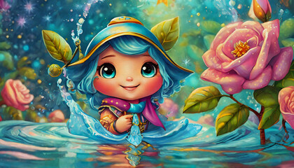oil painting style cartoon character illustration  cute rose hip in water splash 