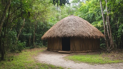Thatched hut in a forest setting