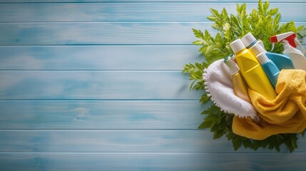 A vibrant banner showcasing eco-friendly cleaning supplies led in a soft towel with fresh greenery on a light blue wooden background perfect for a modern cleaning service