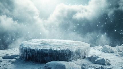 A podium encased in ice, with a blizzard raging around it in the middle of winter