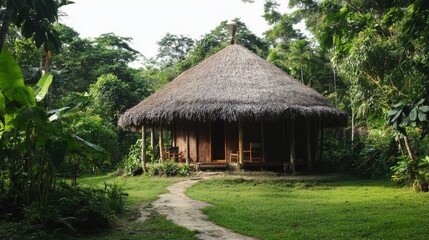 Thatched hut in a lush green environment