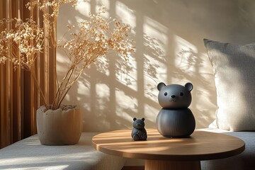 Minimalist Style Wall with Electric Fan on Table, Simple Dark Wood Round Tabletop, Small Gray Metal Bear Statue, Centered on Light Beige Background Wall, Clean and Fresh Atmosphere, 