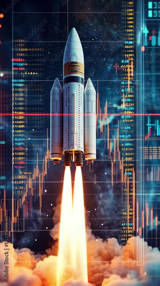 Poster rocket launches into space with dynamic data visualizations and market trends displayed as a futuris
