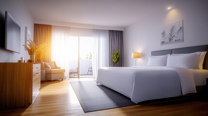 A sunlit luxury hotel room features a king-size bed, plush seating, and a private balcony offe breathtaking views, creating a serene and inviting atmosphere for a relaxing