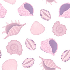 Seamless pattern of hand drawn seashells in purple colors. Background for print, greeting card, textile, wallpaper	