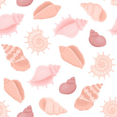Seamless pattern of hand drawn seashells in pink colors. Background for print, greeting card, textile, wallpaper	