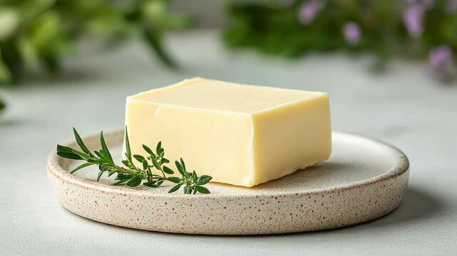 Fresh butter on a rustic plate with herbs and flowers