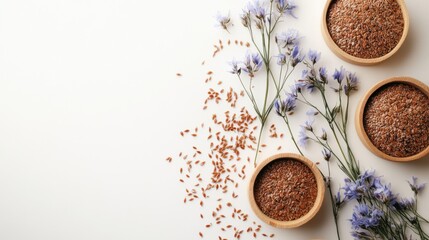 Natural ingredients showcase with flaxseeds and blooms on a neutral surface in a simple arrangement
