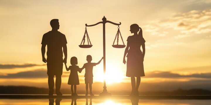 Family standing in silhouette with balance scales at sunset, symbolizing justice and unity