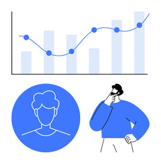 Bar chart with a line graph overlay, male figure thinking, and circular profile icon. Ideal for data analysis, decision-making, research, marketing trends, user profiling, innovation flat simple