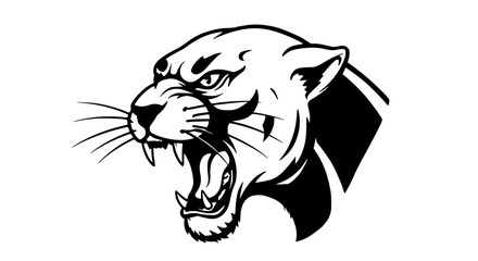 Aggressive panther head with open mouth, black and white, showing fangs, isolated