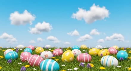 meadow under a clear blue sky dotted with fluffy clouds. This image is ideal for creating engaging content for Easter campaigns, spring festivals, and family-oriented events.