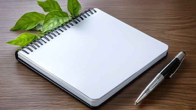 Blank Spiral Notebook with Pen and Green Leaves on Wooden Desk