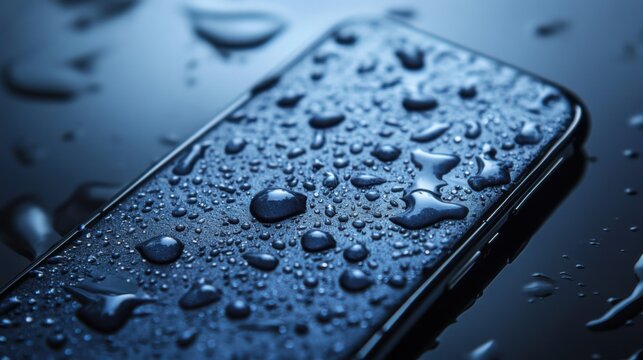 Smartphone covered in water droplets on a dark surface illustrating the effects of moisture and condensation