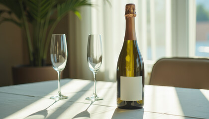Champagne bottle mockup. Sparkling wine bottle with empty label and flutes on a sunlit dining table &mdash; refined mockup scene for branding and promotional visuals.