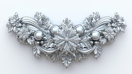 Elegant 3D Decorative Silver Floral Design with Pearls and Leaves on a White Background